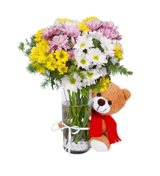Colourful Daisies in Teddy Bear Vase