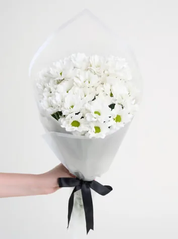 White Daisy Bouquet with Black Ribbon
