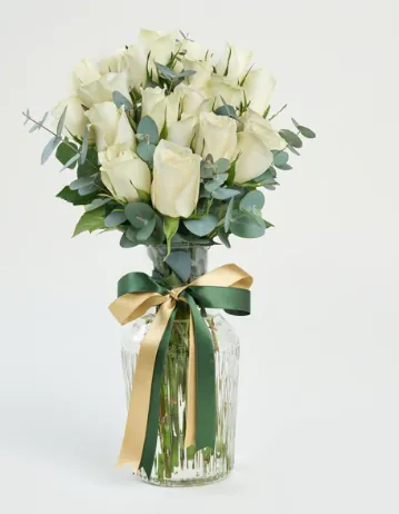 21 White Roses in Striped Glass Jug Vase