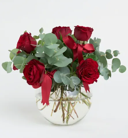 5 Red Roses in Glass Fishbowl with Red Ribbon