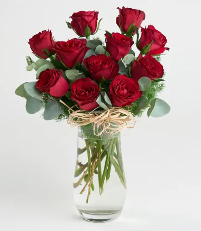 11 Red Roses in Crystal Cylinder Vase