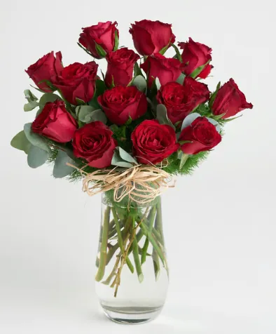 15 Red Roses in Crystal Cylinder Vase