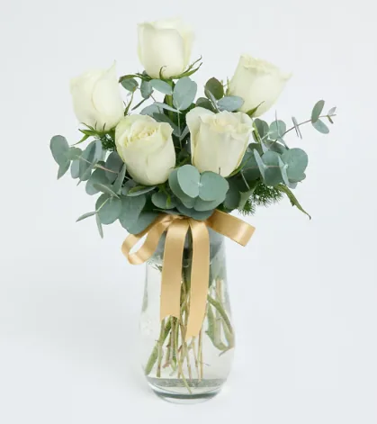 5 White Roses in Crystal Glass Vase with Yellow Ribbon