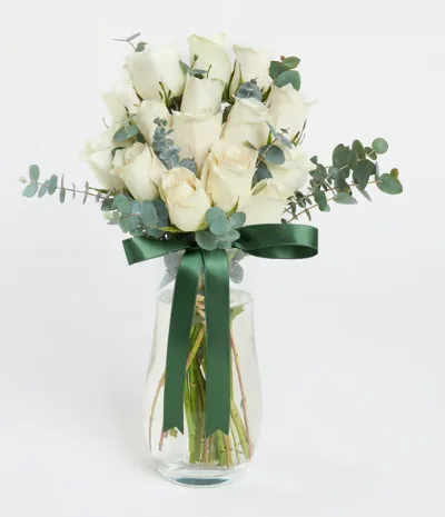 15 White Roses in Crystal Vase with Green Ribbon